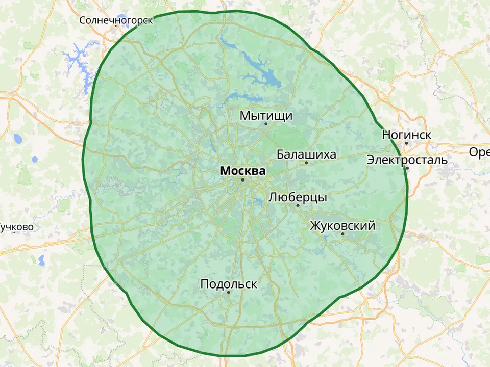 Карта зоны выезда: Москва и 30 км вокруг города